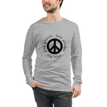 Load image into Gallery viewer, Unisex Long Sleeve Tee with Peace Symbol and Globe Tagline