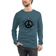 Load image into Gallery viewer, Unisex Long Sleeve Tee with Peace Symbol and Globe Tagline