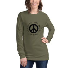 Load image into Gallery viewer, Unisex Long Sleeve Tee with Peace Symbol and Black Tagline