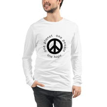 Load image into Gallery viewer, Unisex Long Sleeve Tee with Peace Symbol and Globe Tagline
