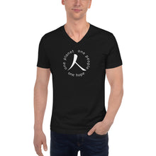 Load image into Gallery viewer, Short Sleeve V-Neck T-Shirt with Humankind Symbol and Globe Tagline