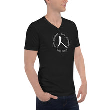 Load image into Gallery viewer, Short Sleeve V-Neck T-Shirt with Humankind Symbol and Globe Tagline