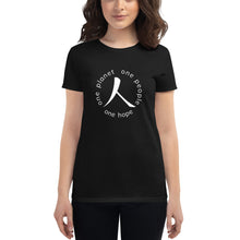 Load image into Gallery viewer, Women's short sleeve T-shirt with Humankind Symbol and Globe Tagline