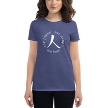 Load image into Gallery viewer, Women's short sleeve T-shirt with Humankind Symbol and Globe Tagline