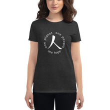 Load image into Gallery viewer, Women's short sleeve T-shirt with Humankind Symbol and Globe Tagline