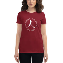 Load image into Gallery viewer, Women's short sleeve T-shirt with Humankind Symbol and Globe Tagline