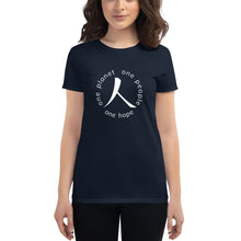 Load image into Gallery viewer, Women's short sleeve T-shirt with Humankind Symbol and Globe Tagline