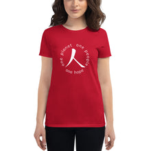 Load image into Gallery viewer, Women's short sleeve T-shirt with Humankind Symbol and Globe Tagline