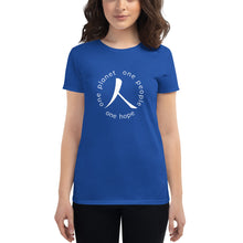 Load image into Gallery viewer, Women's short sleeve T-shirt with Humankind Symbol and Globe Tagline