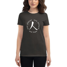 Load image into Gallery viewer, Women's short sleeve T-shirt with Humankind Symbol and Globe Tagline
