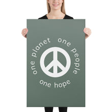 Load image into Gallery viewer, Canvas Print with Peace Symbol and Globe Tagline
