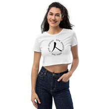 Load image into Gallery viewer, Organic Crop Top with Humankind Symbol and Globe Tagline
