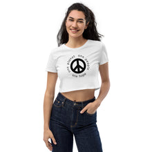 Load image into Gallery viewer, Organic Crop Top with Peace Symbol and Globe Tagline
