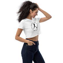 Load image into Gallery viewer, Organic Crop Top with Humankind Symbol and Globe Tagline
