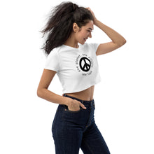 Load image into Gallery viewer, Organic Crop Top with Peace Symbol and Globe Tagline
