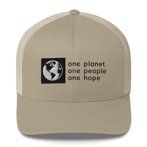 Structured, Mesh-Back Cap with Box Logo and Globe, Black Text