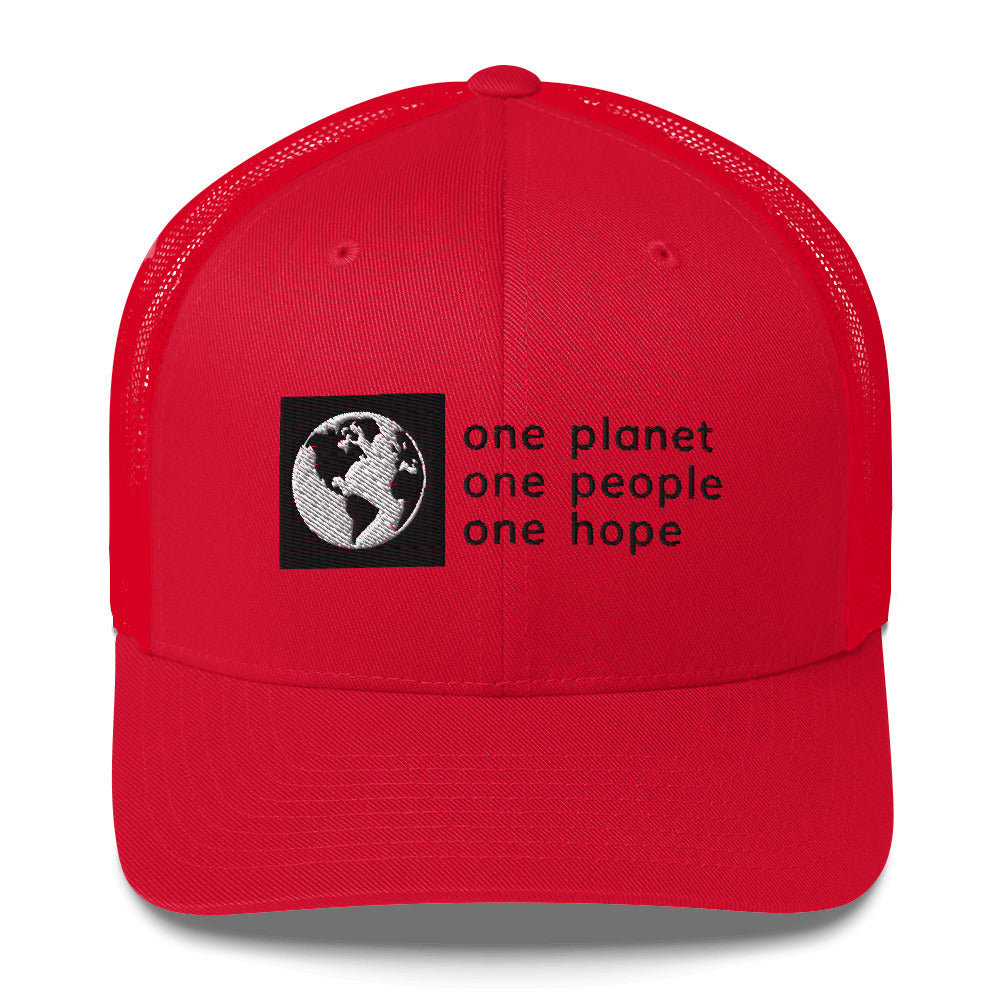 Structured, Mesh-Back Cap with Box Logo and Globe, Black Text