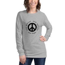 Load image into Gallery viewer, Unisex Long Sleeve Tee with Peace Symbol and Black Tagline
