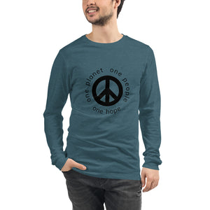 Unisex Long Sleeve Tee with Peace Symbol and Globe Tagline