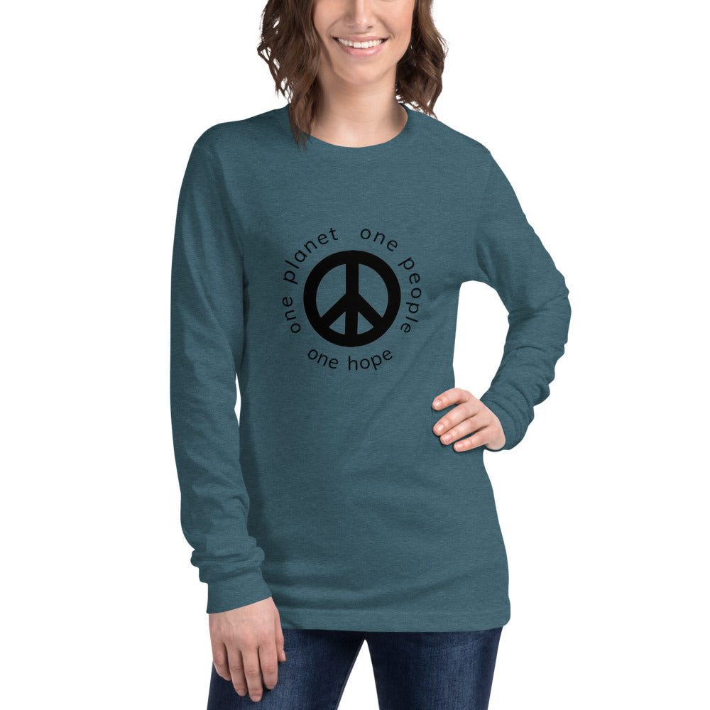 Unisex Long Sleeve Tee with Peace Symbol and Black Tagline