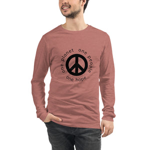 Unisex Long Sleeve Tee with Peace Symbol and Globe Tagline