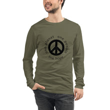 Load image into Gallery viewer, Unisex Long Sleeve Tee with Peace Symbol and Globe Tagline
