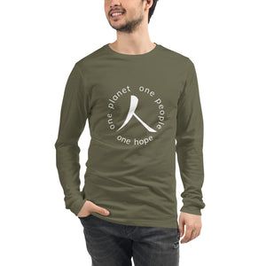 Unisex Long Sleeve Tee with Humankind Symbol and Globe Tagline