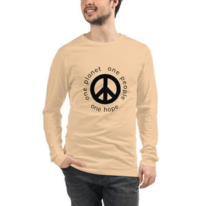 Unisex Long Sleeve Tee with Peace Symbol and Globe Tagline