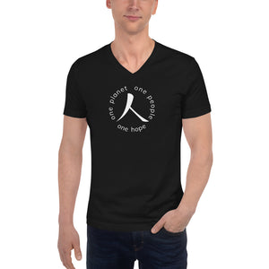 Short Sleeve V-Neck T-Shirt with Humankind Symbol and Globe Tagline