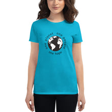 Load image into Gallery viewer, Women&#39;s short sleeve T-shirt with Earth and Black Globe Tagline
