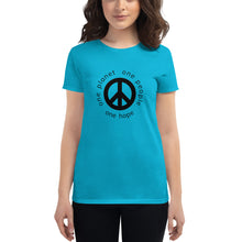 Load image into Gallery viewer, Women&#39;s short sleeve T-shirt with Peace Symbol and Globe Tagline
