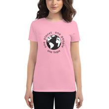 Load image into Gallery viewer, Women&#39;s short sleeve T-shirt with Earth and Black Globe Tagline
