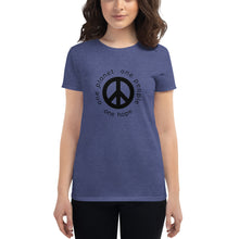 Load image into Gallery viewer, Women&#39;s short sleeve T-shirt with Peace Symbol and Globe Tagline
