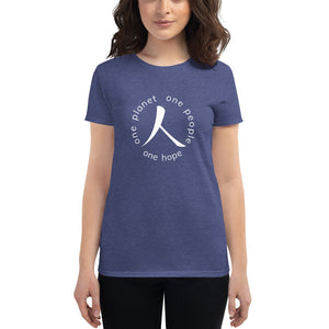 Women's short sleeve T-shirt with Humankind Symbol and Globe Tagline