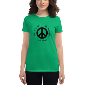 Women's short sleeve T-shirt with Peace Symbol and Globe Tagline