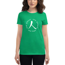 Load image into Gallery viewer, Women&#39;s short sleeve T-shirt with Humankind Symbol and Globe Tagline
