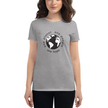 Load image into Gallery viewer, Women&#39;s short sleeve T-shirt with Earth and Black Globe Tagline
