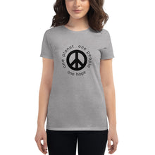 Load image into Gallery viewer, Women&#39;s short sleeve T-shirt with Peace Symbol and Globe Tagline
