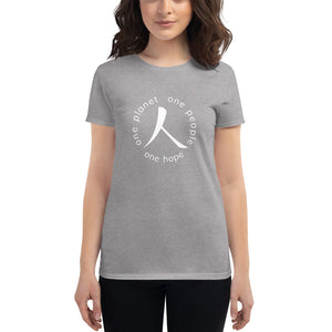 Women's short sleeve T-shirt with Humankind Symbol and Globe Tagline