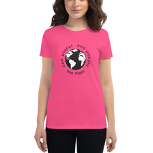 Load image into Gallery viewer, Women&#39;s short sleeve T-shirt with Earth and Black Globe Tagline
