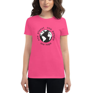 Women's short sleeve T-shirt with Earth and Black Globe Tagline