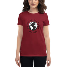 Load image into Gallery viewer, Women&#39;s short sleeve T-shirt with Earth and Black Globe Tagline
