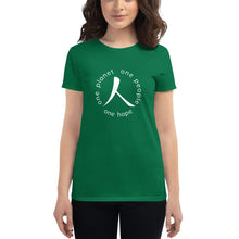 Load image into Gallery viewer, Women&#39;s short sleeve T-shirt with Humankind Symbol and Globe Tagline
