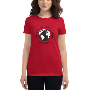 Women's short sleeve T-shirt with Earth and Black Globe Tagline