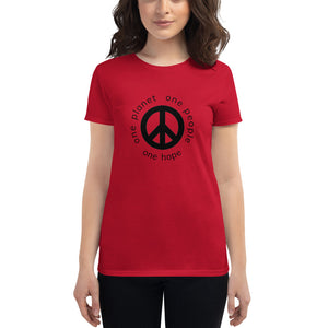 Women's short sleeve T-shirt with Peace Symbol and Globe Tagline