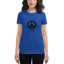 Load image into Gallery viewer, Women&#39;s short sleeve T-shirt with Peace Symbol and Globe Tagline
