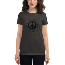 Load image into Gallery viewer, Women&#39;s short sleeve T-shirt with Peace Symbol and Globe Tagline
