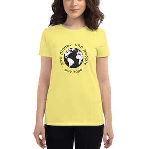 Women's short sleeve T-shirt with Earth and Black Globe Tagline