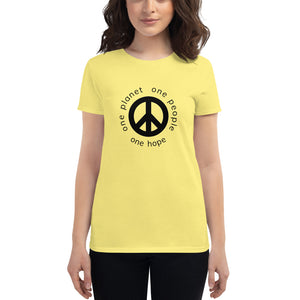 Women's short sleeve T-shirt with Peace Symbol and Globe Tagline