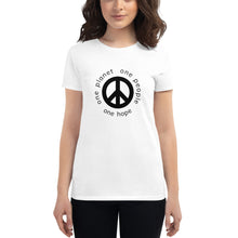 Load image into Gallery viewer, Women&#39;s short sleeve T-shirt with Peace Symbol and Globe Tagline
